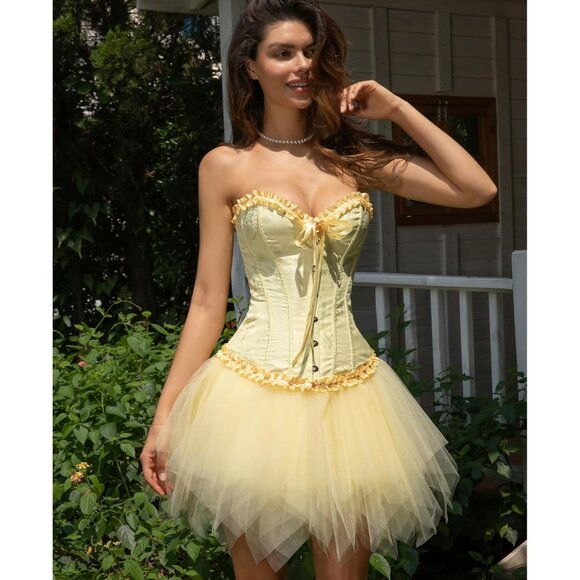 Women's Yellow Iris Corset Tops Bustier Lingerie Lace Waist Push Up Bodysuit - Picture 4 of 7